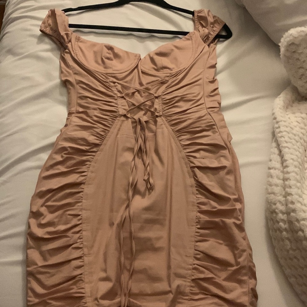 Oh Polly Nude/Tan Ruched Lace-Up Bodycon Dress